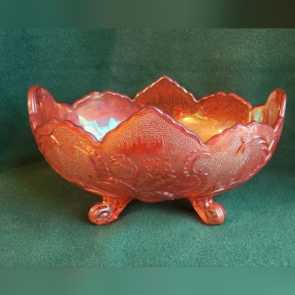 Vintage Peach Amber Glass Bowl Irridescent Depression Art Fruit - Picture 1 of 8